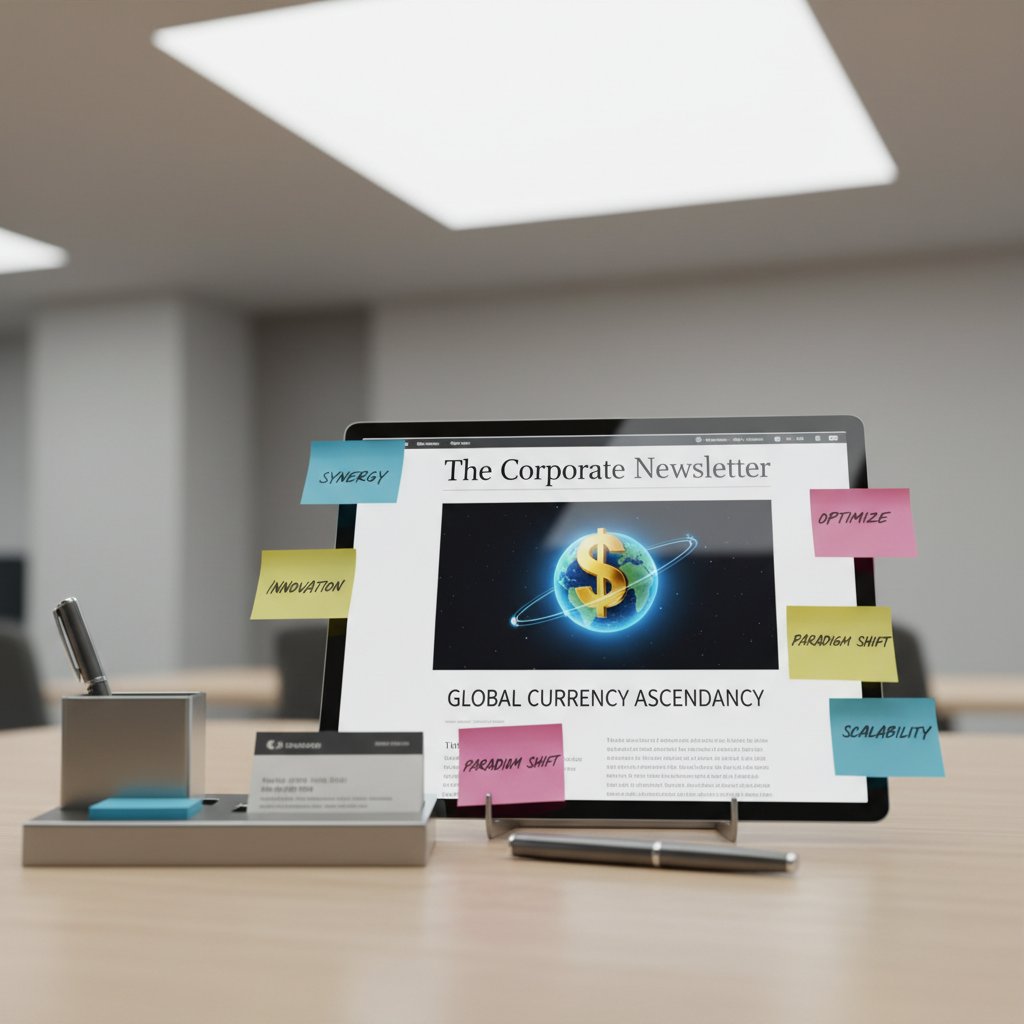 An ultra-modern digital newsletter layout displayed on a thin, frameless tablet resting on a brushed aluminum desk organizer. The newsletter’s masthead reads “The Corporate Newsletter” in bold, minimalist typography above a lead story image of a golden dollar sign orbiting a tiny Earth like a satellite. Around the tablet, color-coded sticky notes with overused buzzwords are neatly arranged, their handwritten text just legible. Cool, diffused office lighting from a large overhead panel gives everything a soft, even glow, with faint reflections gliding across the tablet’s glass. Photographic realism, shot from a slightly elevated, centered composition, with shallow depth of field keeping the tablet in sharp focus. The mood is polished and corporate, but the surreal headline imagery adds a dry, understated humor.