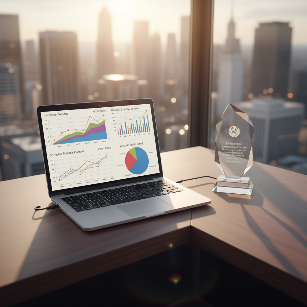 A meticulously arranged corner office desk featuring a sleek silver laptop open to a dashboard of absurdly skyrocketing line graphs and pie charts, all labeled with hilariously vague KPIs like “Innovation Velocity” and “Holistic Synergy Index.” The laptop sits on a rich walnut surface beside a geometric crystal award engraved with an impossibly long corporate title. Through the expansive window behind, a corporate skyline glows under late-afternoon sunlight, casting warm, angled rays that create crisp shadows and lens flare. Photographic realism, captured from a three-quarter overhead angle with the charts in perfect focus and the skyline softened into bokeh. The atmosphere feels aspirational and professional on the surface, but the exaggerated metrics introduce a subtle satirical tension.